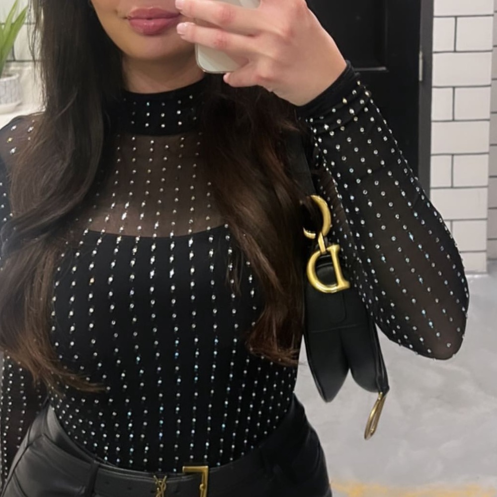 Black Sheer Rhinestone Top Bodysuit